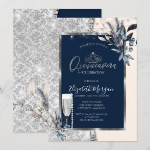 Winterbloemen, Prosecco Navy Blue Quinceanera Kaart