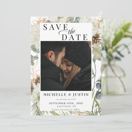 Winterbloemen | Rustieke trouwfoto Save The Date (Staand voorkant)