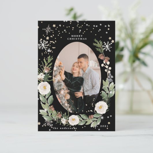 Winterbloemenkrans foto Happy Holiday Kaart (Staand voorkant)