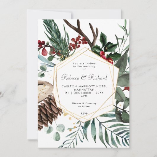 winterbloemige geometrische trouwuitnodiging kaart (Voorkant)