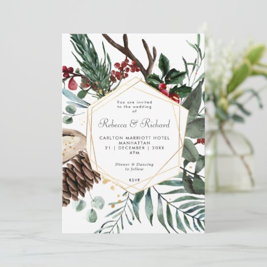 winterbloemige geometrische trouwuitnodiging kaart (Staand voorkant)