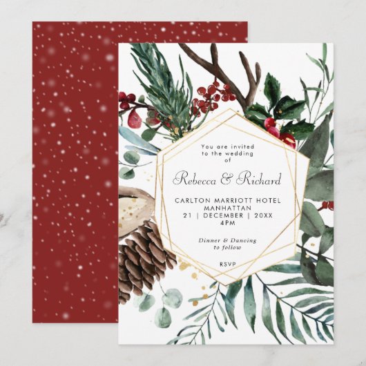 winterbloemige geometrische trouwuitnodiging kaart (Voorkant / Achterkant)