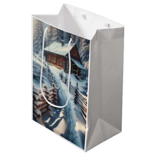 Winterblokhut op een besneeuwde kerstdag medium cadeauzakje (Voorkant Gekanteld)