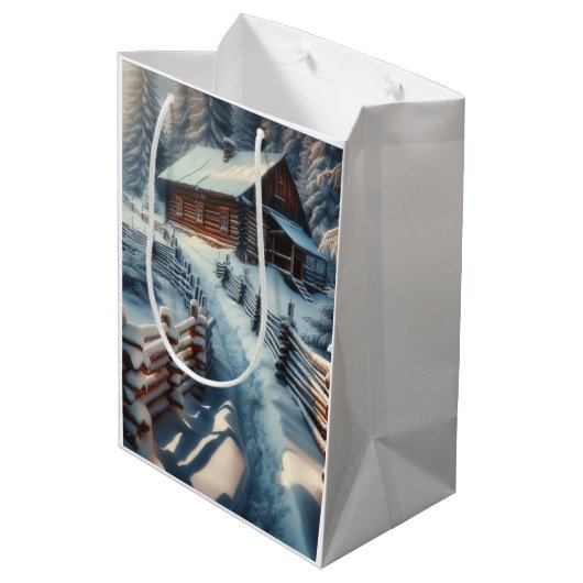 Winterblokhut op een besneeuwde kerstdag medium cadeauzakje (Achterkant Gekanteld)