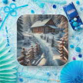 Winterblokhut op een besneeuwde kerstdag papieren bordje (Feest)