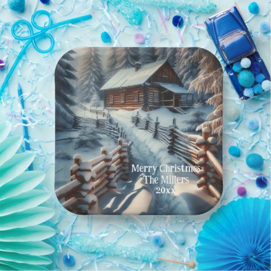 Winterblokhut op een besneeuwde kerstdag papieren bordje (Feest)