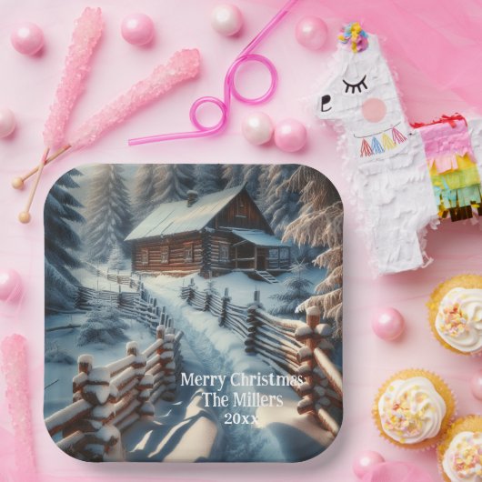 Winterblokhut op een besneeuwde kerstdag papieren bordje (Feest)