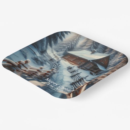 Winterblokhut op een besneeuwde kerstdag papieren bordje (Gebogen)