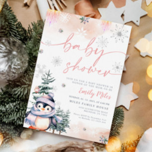 Winterblos en roze pinguïn Baby shower Kaart