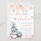 Winterblos en roze pinguïn Baby shower Kaart (Voorkant)