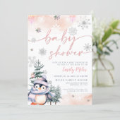 Winterblos en roze pinguïn Baby shower Kaart (Staand voorkant)