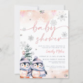 Winterblos en roze pinguïn Twins Baby shower Kaart (Voorkant)