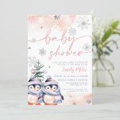 Winterblos en roze pinguïn Twins Baby shower Kaart (Staand voorkant)