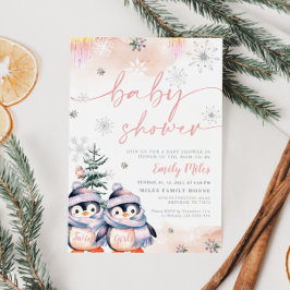 Winterblos en roze pinguïn Twins Baby shower Kaart