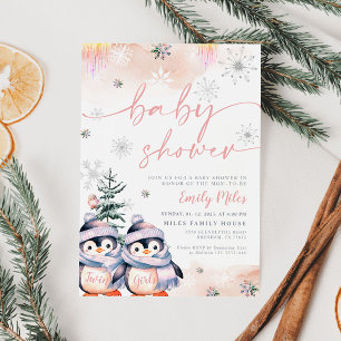 Winterblos en roze pinguïn Twins Baby shower Kaart