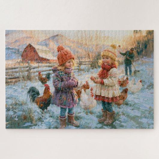 Winterboerderij Kippen Kinderen Rode Schuur Schild Legpuzzel (Horizontaal)