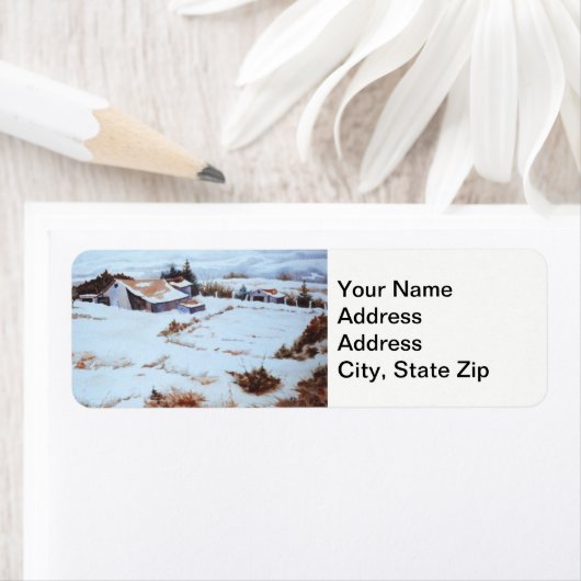 Winterboerderij, schuur, tuinsneeuw bedekt landsch etiket (Insitu)