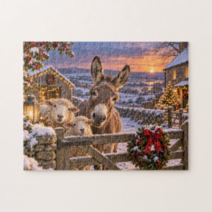 Winterboerderij Zonsondergang Ezel Schapen Besneeu Legpuzzel