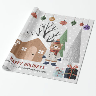Winterbomen, beren en huis Kerstvakantie Cadeaupapier