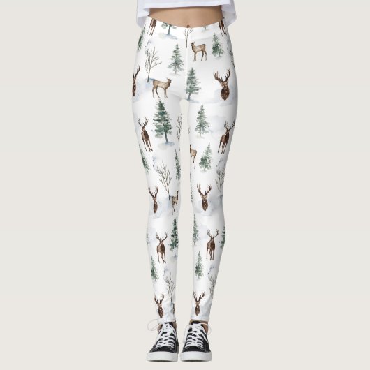 Winterbomen en Kerstmis hertenpatroon Leggings (Voorkant)
