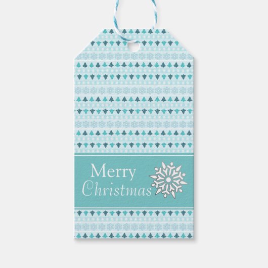 Winterbomen en sneeuwvlokken Patroonblauw Cadeaulabel (Voorkant)