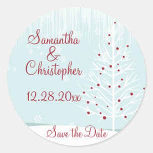 Winterbomen en sneeuwvlokken sparen de datum ronde sticker