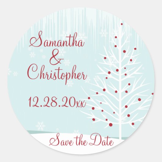 Winterbomen en sneeuwvlokken sparen de datum ronde sticker (Voorkant)