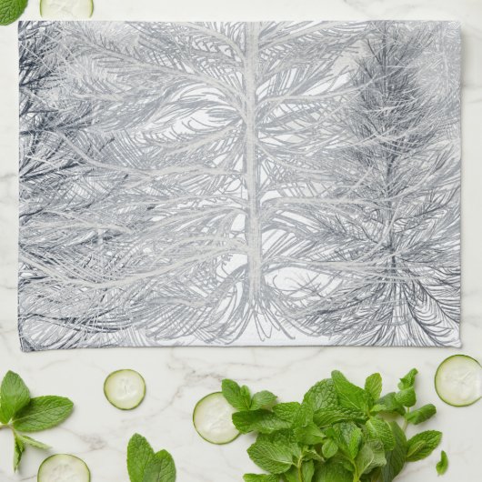 Winterbomen en zon, Frosty Black en White Theedoek (Gevouwen)