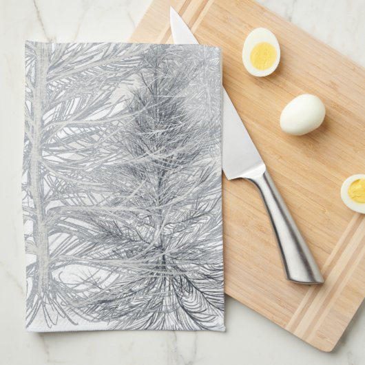 Winterbomen en zon, Frosty Black en White Theedoek (Quarter Fold)