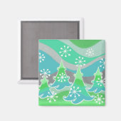 Winterbomen, groene fridge magnet vierkant (Voorkant / Achterkant)