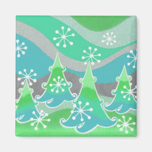 Winterbomen, groene fridge magnet vierkant (Voorkant)