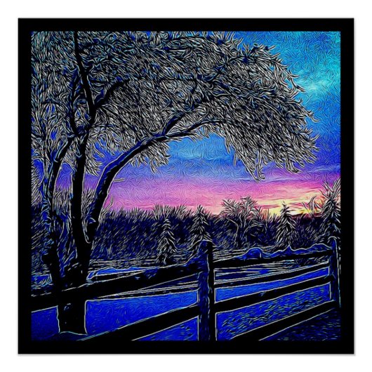 Winterbomen Impressionisme Sunrise Landschap Poster (Voorkant)