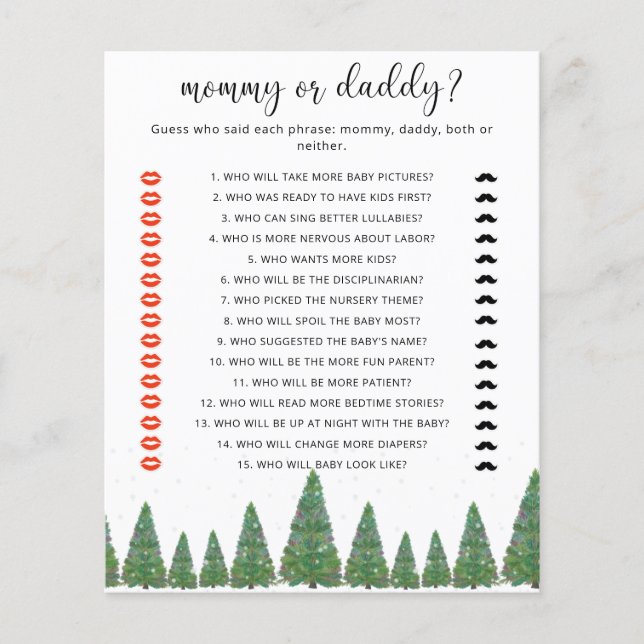 Winterbomen mama of papa baby shower spel (Voorkant)