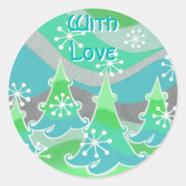 Winterbomen met groene 'met liefde'-ronde sticker