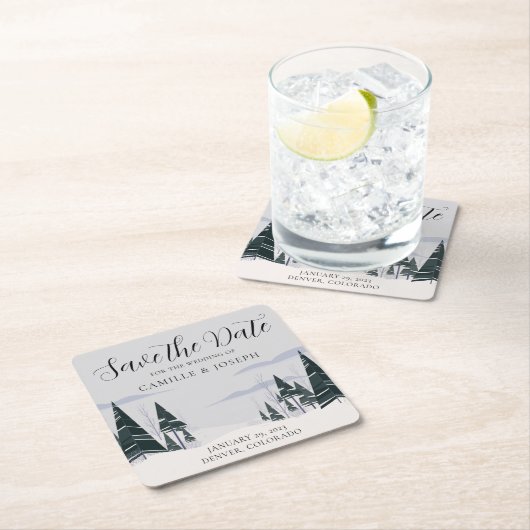 Winterbomen Modern Sneeuwbos Opslaan Datum Kartonnen Onderzetters (Insitu)