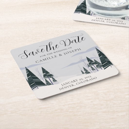 Winterbomen Modern Sneeuwbos Sla de datum op Kartonnen Onderzetters (Schuin)