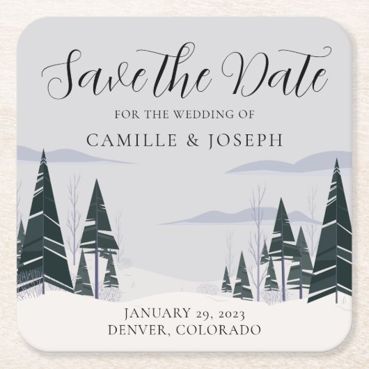 Winterbomen Modern Sneeuwbos Sla de datum op Kartonnen Onderzetters (Voorkant)