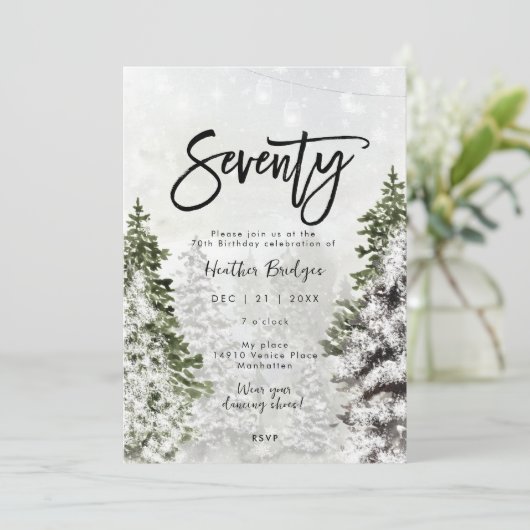 Winterbomen sneeuw 70e verjaardagsfeestje kaart (Staand voorkant)