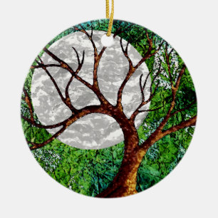 Winterboom en maan op groen siermoment keramisch ornament