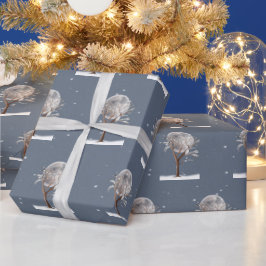 Winterboom met maan en uil cadeaupapier