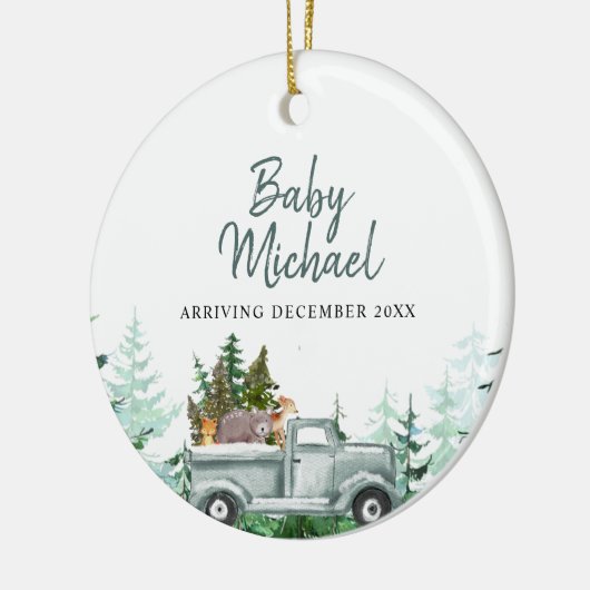 Winterbos Baby Boy Zwangerschap Aankondiging Keramisch Ornament (Links)