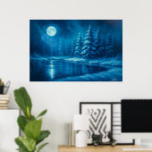 Winterbos bij een meer in het maanlicht poster (Thuiskantoor)