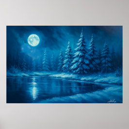 Winterbos bij een meer in het maanlicht poster