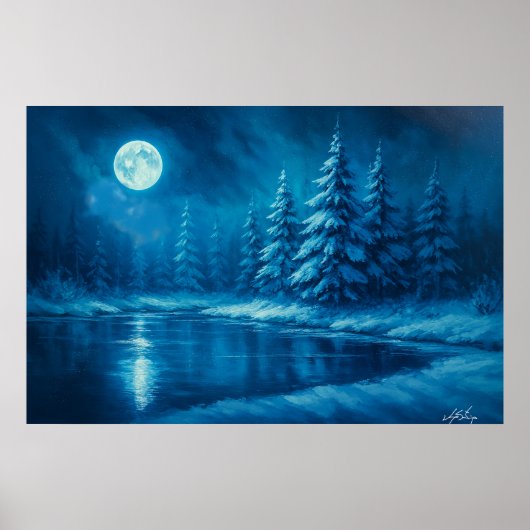 Winterbos bij een meer in het maanlicht poster (Voorkant)