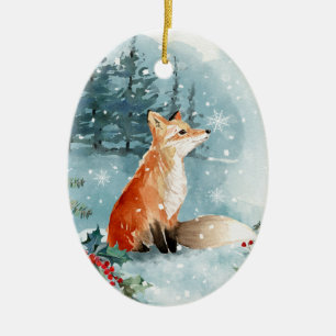 Winterbos, blokhut, fox keramisch sieraad ornament