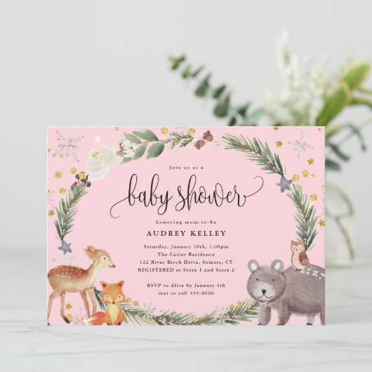 Winterbos Dieren Baby shower Roze Kaart (Staand voorkant)