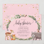 Winterbos Dieren Baby shower Roze Kaart (Voorkant / Achterkant)