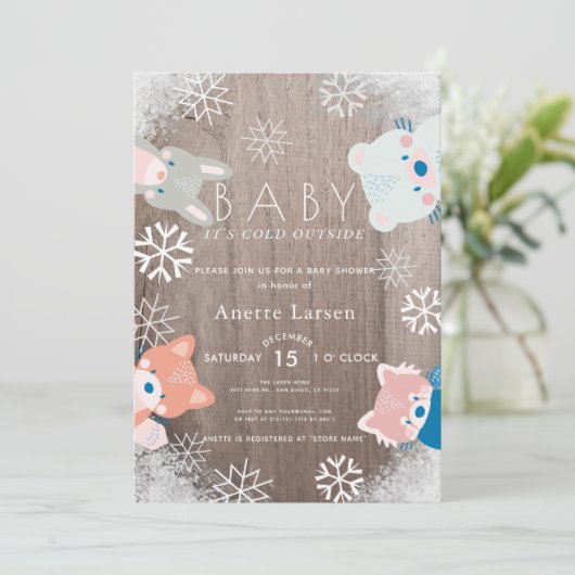 Winterbos Dieren Snowflake Roze Baby shower Kaart (Staand voorkant)