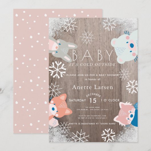 Winterbos Dieren Snowflake Roze Baby shower Kaart (Voorkant / Achterkant)