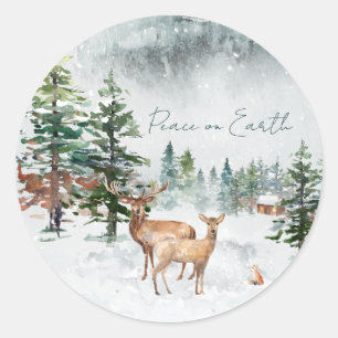 Winterbos Dieren Vrede op Aarde Kerstmis Ronde Sticker